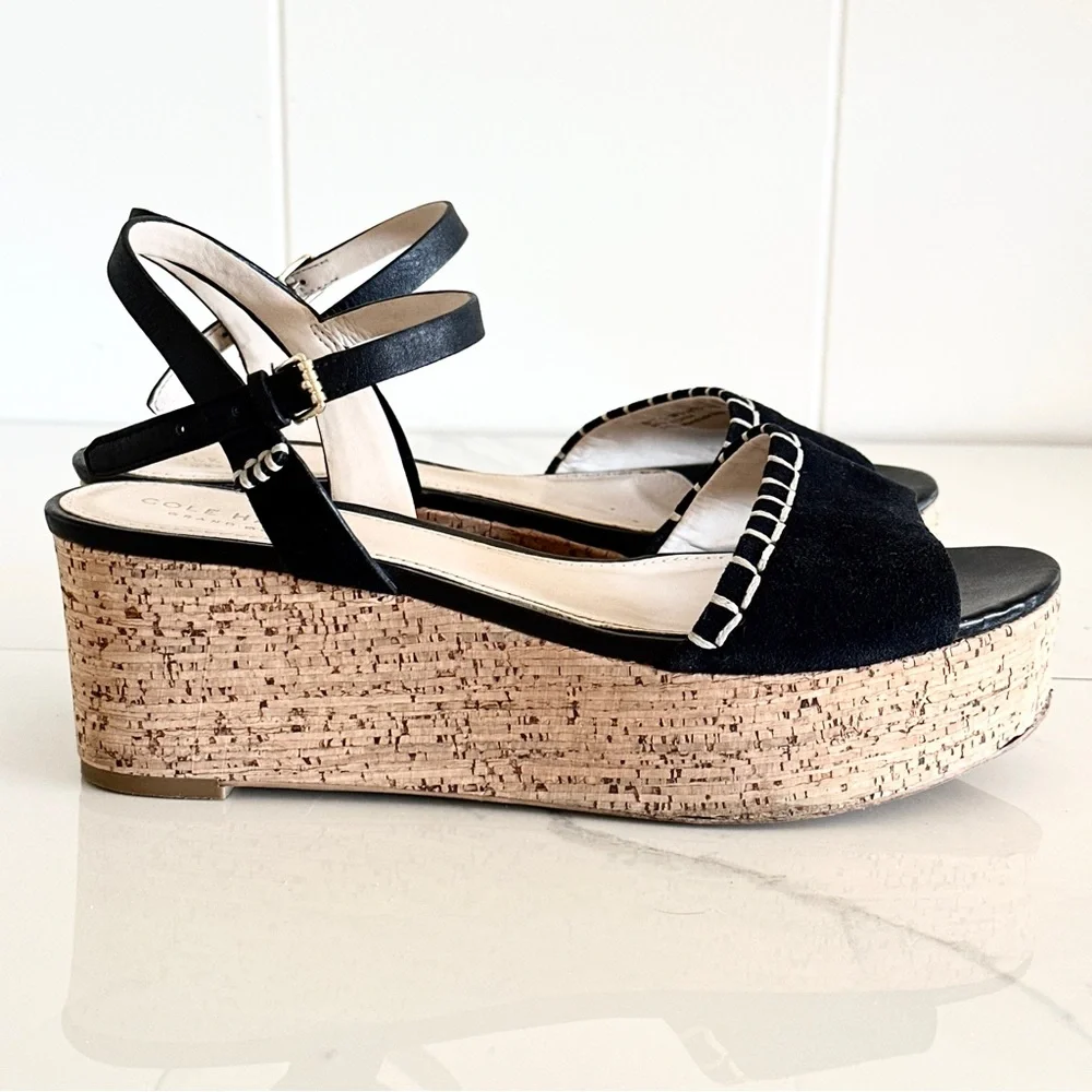 Cole Haan Steffi Wedge Cork Platform Black Suede Sandal 7.5
